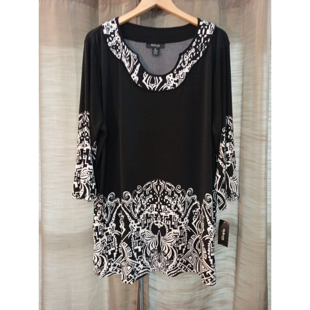 Nwt Style & Co Black/White Stretchy 3/4 Sleeve Career Blouse Size 2XL